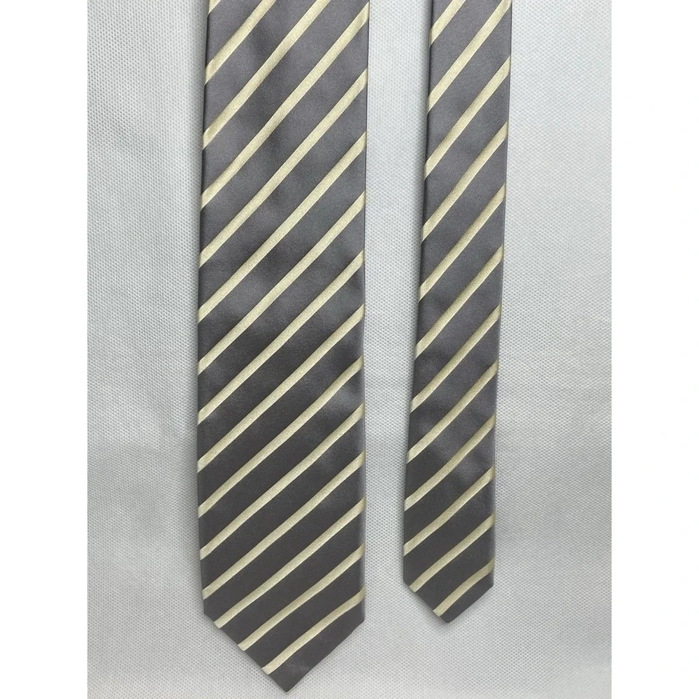 Brioni Classic Thick Repp Silk Striped Tie Gray Yellow Handmade Italian Necktie